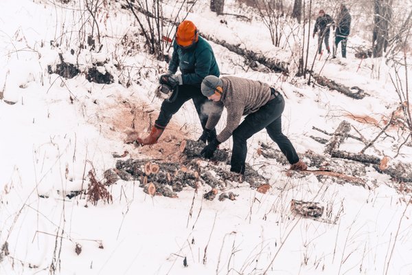 Ryhmä ihmisiä tekee metsätöitä lumisessa rinteessä.